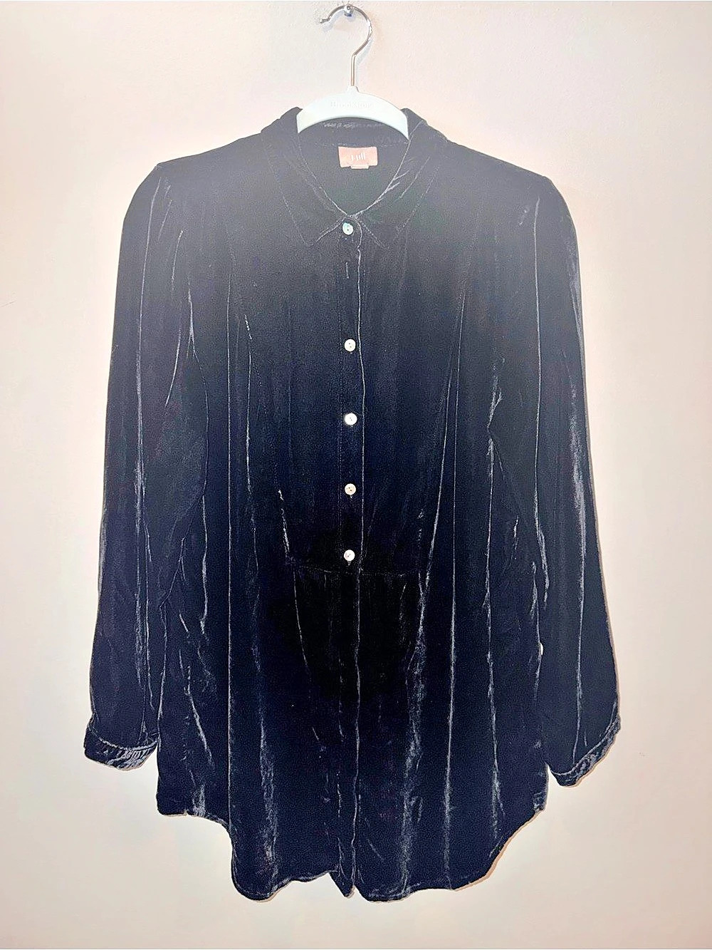 Jill Black Velvet Button Down Tunic Blouse Shirt Long Sleeve Size M Whimsigoth